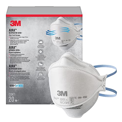 3M 9205+ Aura Particulate N95 Respirator, Flat Fold Non-Valved Disposable Respirator, White, 20…