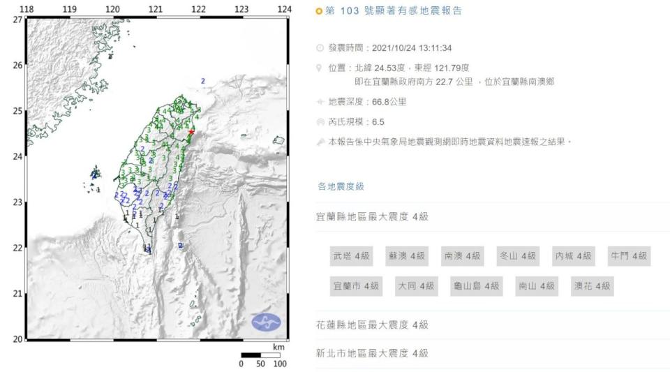 24日下午1時11分發生芮氏規模6.5地震，震央位於宜蘭縣政府南方22.7公里，中央氣象局測得宜蘭縣4級，台北測得震度為4級。(圖：中央氣象局)