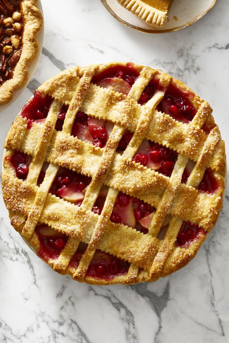 <p>Doesn't this look straight out of an old movie? Don't worry, the criss-crossing dough pattern is a lot easier to make than it looks.</p><p><a href="https://www.goodhousekeeping.com/food-recipes/dessert/a46629/cranberry-pear-lattice-pie-recipe/" rel="nofollow noopener" target="_blank" data-ylk="slk:Get the recipe for Cranberry-Pear Lattice Pie »;elm:context_link;itc:0;sec:content-canvas" class="link "><em>Get the recipe for </em><em>Cranberry-Pear Lattice Pie</em> <strong>»</strong></a></p><p><strong>RELATED:</strong> <a href="https://www.goodhousekeeping.com/food-recipes/dessert/g822/pie-recipes/" rel="nofollow noopener" target="_blank" data-ylk="slk:35 Delicious Pie Recipes Anyone Can Make;elm:context_link;itc:0;sec:content-canvas" class="link ">35 Delicious Pie Recipes Anyone Can Make</a><br></p>