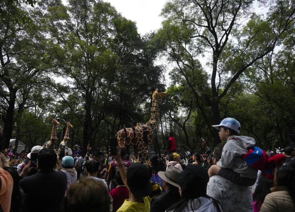 Espectadores miran el desfile por el centenario del zoológico de Chapultepec, en Ciudad de México, el jueves 6 de julio de 2023. Los organizadores del zoológico invitaron a los visitantes a ir vestidos de su animal favorito. (AP Foto/Fernando Llano)