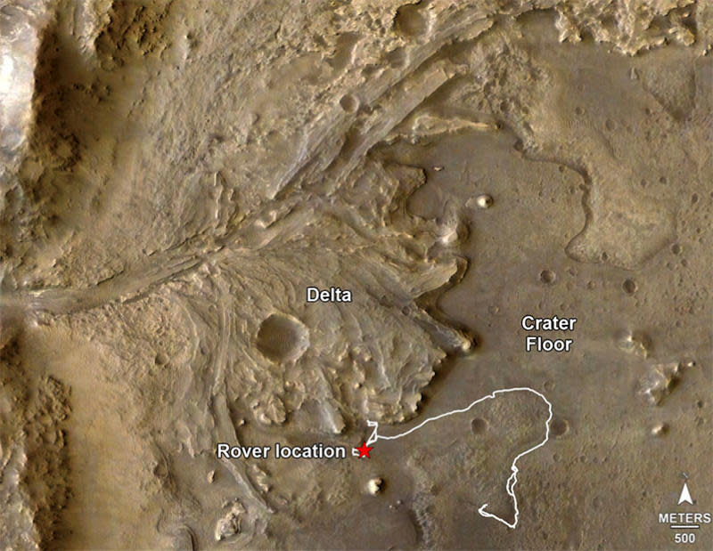 The Perseverance rover's 8-mile trek from landing on the floor of Jezero Crater to its current location at the base of an ancient delta. / Credit: NASA/JPL-Caltech