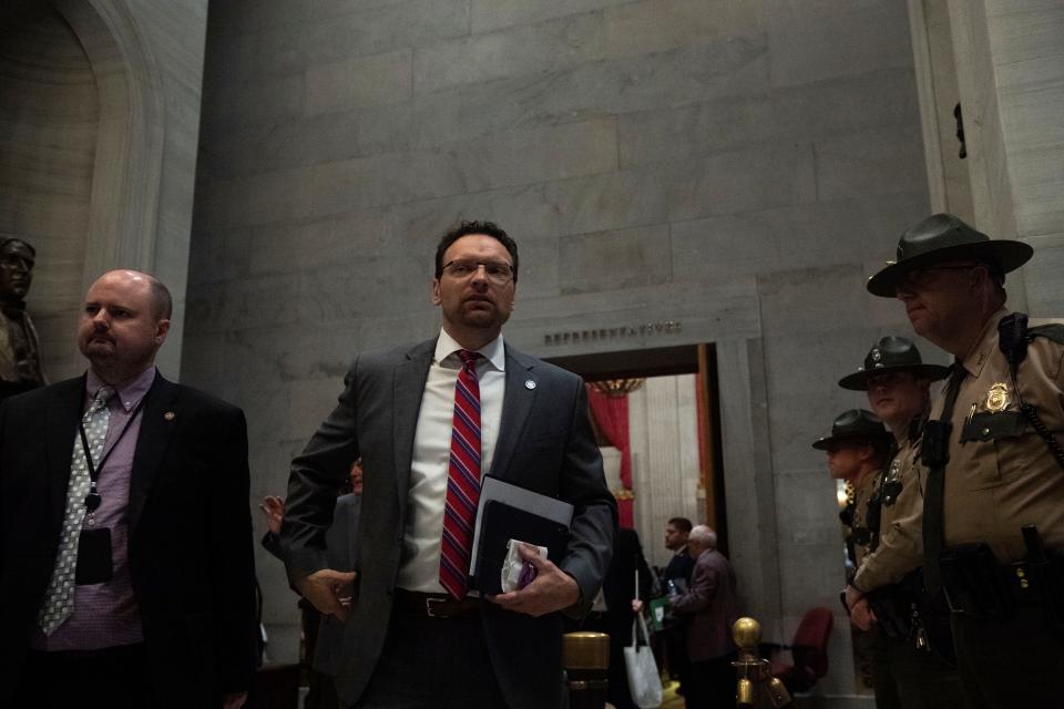 Rep. Jason Zachary, R- Knoxville  walks out from the House Chambers at the end of the last day of session at Tennessee State Capitol Building  in Nashville , Tenn., Friday, April 21, 2023. 