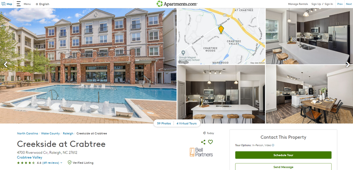 A listing for Raleigh’s Creekside at Crabtree on Apartments.com from April 25, 2024.