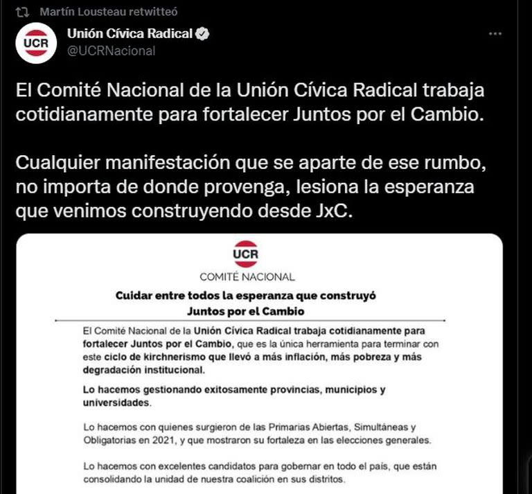 Lousteau compartió en sus redes el comunicado de la UCR nacional.