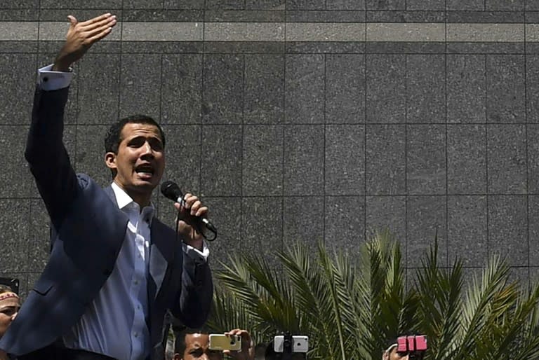 Juan Guaido, head of Venezuela's opposition-led National Assembly, spoke to supporters outside the headquarters of the United Nations Development Programme (UNDP) in Caracas