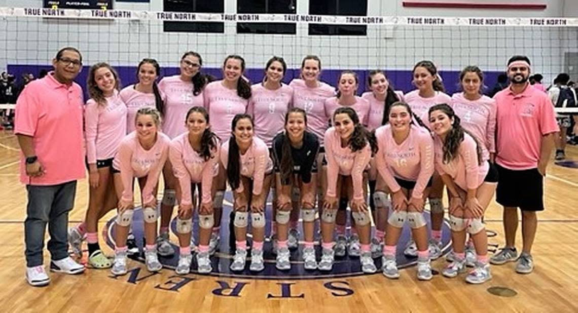 The True North girls’ volleyball team hosted a match in pink (Dig Pink) to support breast cancer awareness during Breast Cancer Awareness Month. Photo Courtesy True North Volleyball