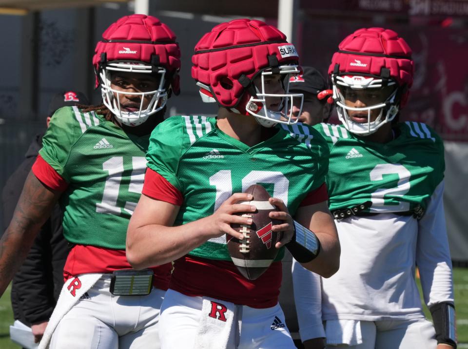 Piscataway, NJ -- April 16, 2024 -- Quarterback, AJ Surace during Rutgers football spring practice.