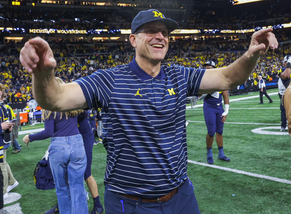 INDIANAPOLIS, IN - DECEMBER 03: Head coach Jim Harbaugh of the Michigan Wolverines is seen following the Big Ten Championship against the Purdue Boilermakers at Lucas Oil Stadium on December 3, 2022 in Indianapolis, Indiana. (Photo by Michael Hickey/Getty Images)