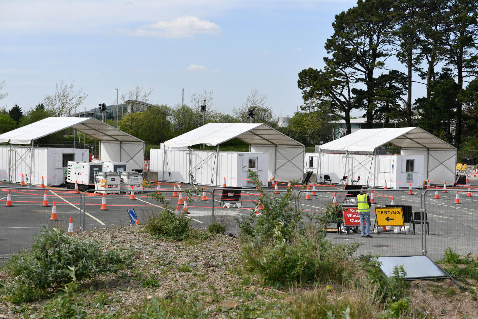 PLYMOUTH, ENGLAND - APRIL 20: A general view of an NHS Covid-19 testing centre on April 20, 2020 in Plymouth, England. The British government has extended the lockdown restrictions first introduced on March 23 that are meant to slow the spread of COVID-19. (Photo by Dan Mullan/Getty Images)