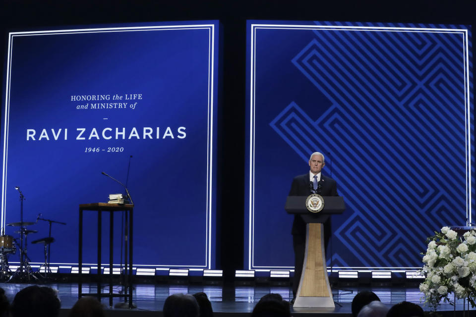 Vice President Mike Pence speaks at Passion City Church during a memorial service for Ravi Zacharias on Friday, May 29, 2020, in Atlanta. (AP Photo/Brynn Anderson)