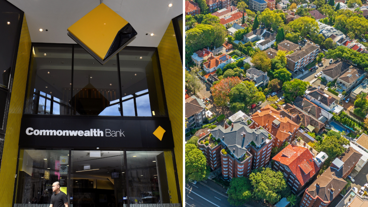 Composite image of Commonwealth Bank (CBA) branch and aerial view of Sydney property.