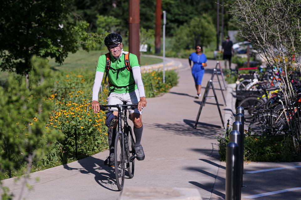 Will Godwin rides to the launch party for Safe Streets Austin last month.