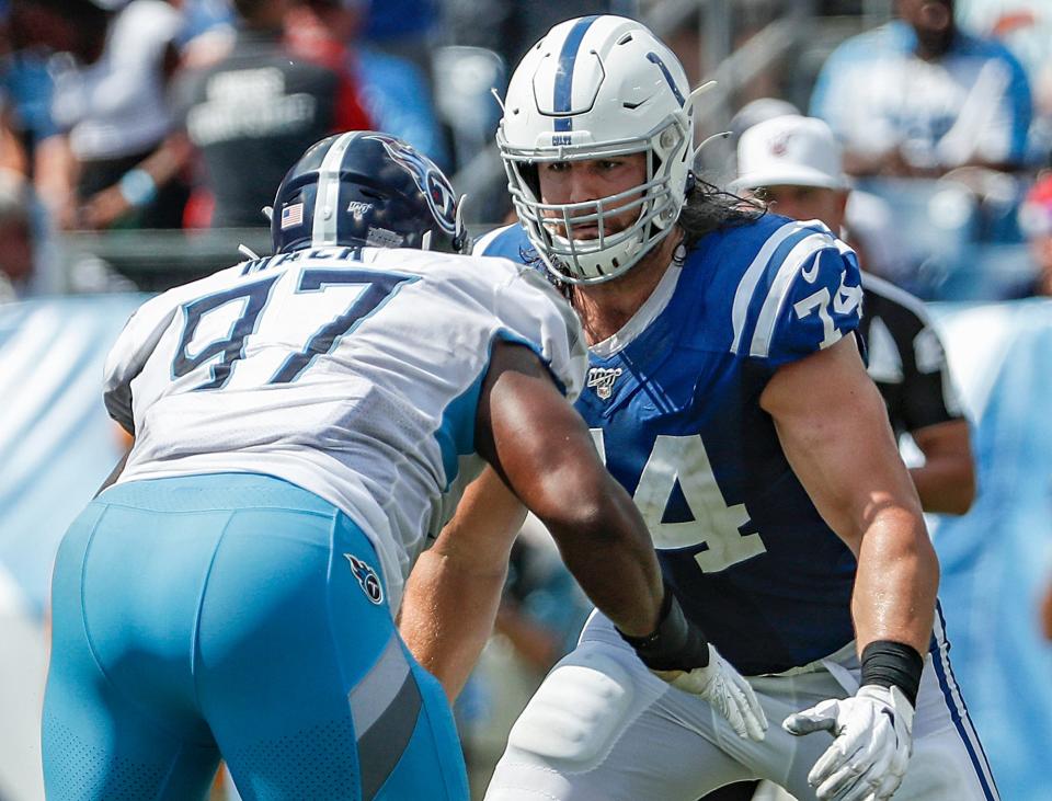 Indianapolis Colts offensive tackle Anthony Castonzo (74) wards off defensive tackle Isaiah Mack (97) in the third quarter of their game at Nissan Stadium in Nashville, Tenn., on Sunday, Sept. 15, 2019. 