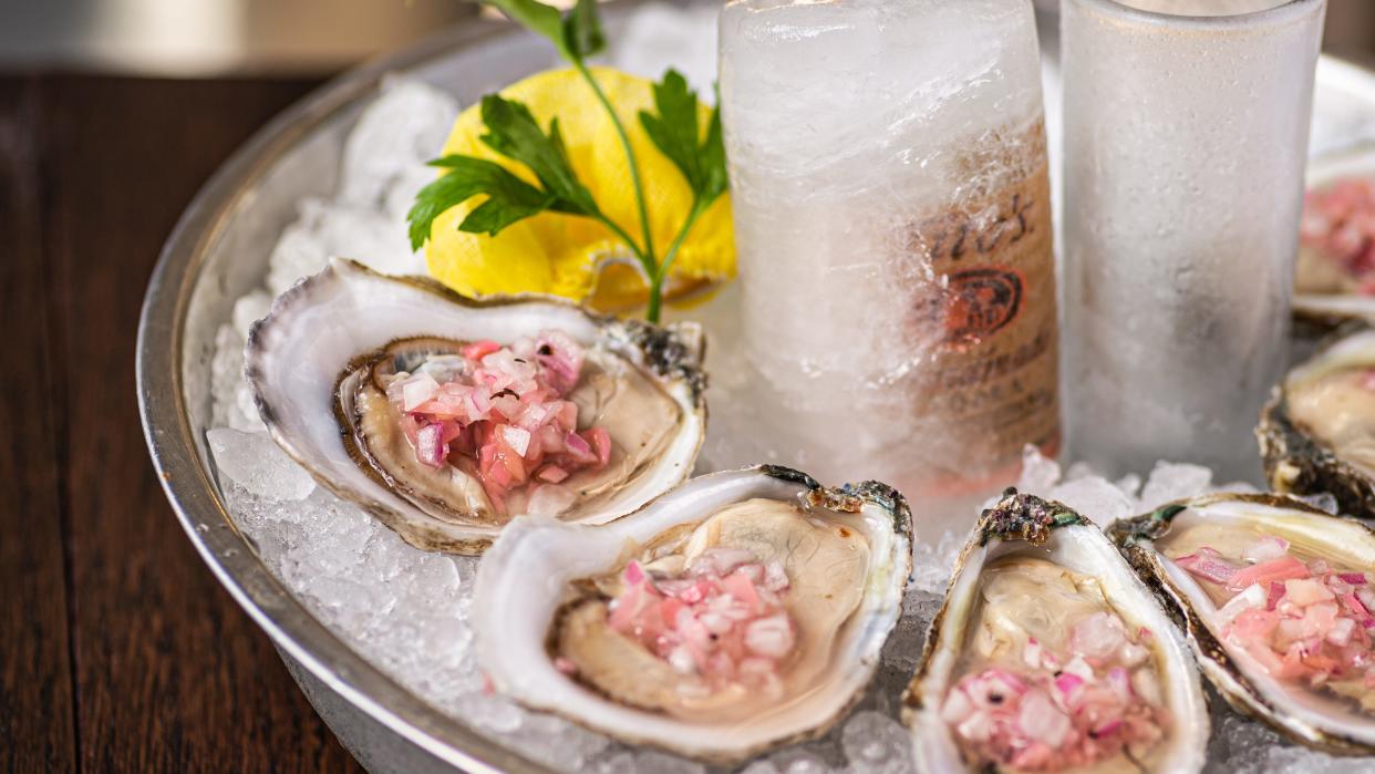 On the menu at Corvina restaurant in Boca Raton: fresh oysters with pickled ginger and vodka mignonette granita.