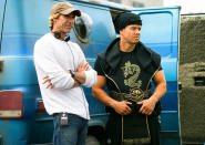 Director Michael Bay and Mark Wahlberg on the set of Paramount Pictures' "Pain & Gain" - 2013