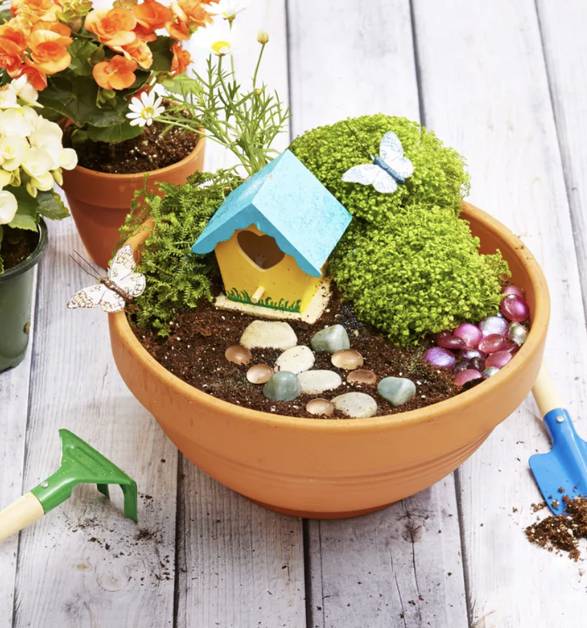 crafts for kids, mini garden in a pot with dirt, pebbles, rocks and a tiny birdhouse