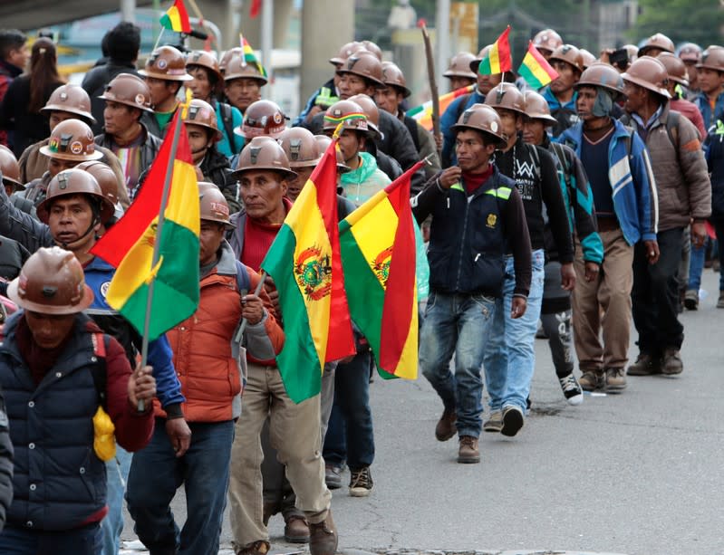 Mine workers attend a rally in support Bolivia's President Evo Morales in La Paz