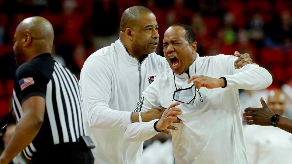 N.C. State head coach Kevin Keatts reacts after being ejected during the first half of the Wolfpack’s game against Wake Forest at PNC Arena on Tuesday, Jan. 16, 2024, in Raleigh, N.C.
