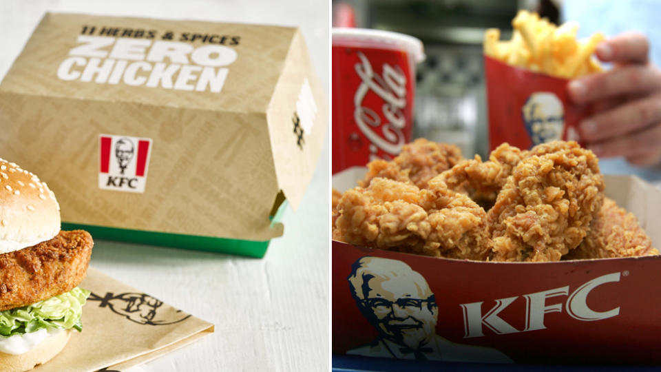 The KFC vegan packaging (left) of green and beige next to a burger, and the standard packaging for the chicken range (right) of red and white with fried chicken and chips inside.