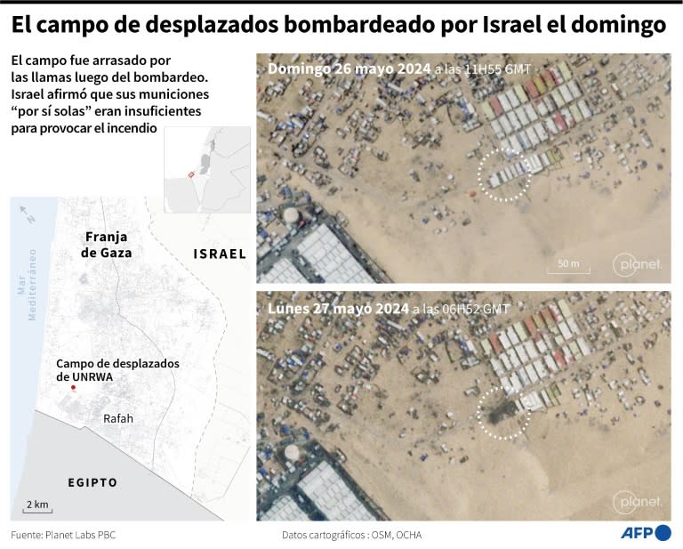 Unas imágenes de satélite de Planet Labs PBC con el campo de desplazados de UNRWA atacado por Israel el 26 de mayo de 2024 (Paz Pizarro)