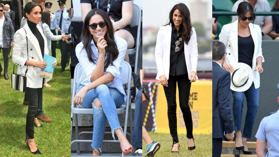 The Duchess of Sussex in MOTHER denim. (Images via Getty Images).