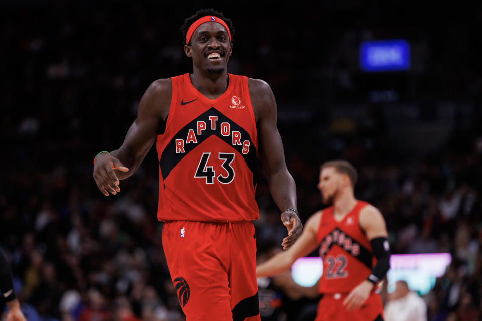 TORONTO, CANADA - NOVEMBER 19: Pascal Siakam #43 of the Toronto Raptors reacts after scoring a basket against the Detroit Pistons during the second half of their NBA game at Scotiabank Arena on November 19, 2023 in Toronto, Canada. NOTE TO USER: User expressly acknowledges and agrees that, by downloading and or using this photograph, User is consenting to the terms and conditions of the Getty Images License Agreement. (Photo by Cole Burston/Getty Images)