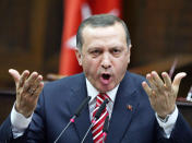 <p>Turkey’s Prime Minister Recep Tayyip Erdogan addresses the lawmakers of his ruling Justice and Development Party at the parliament in Ankara, Tuesday, April 22, 2008. (AP Photo/Burhan Ozbilici) </p>