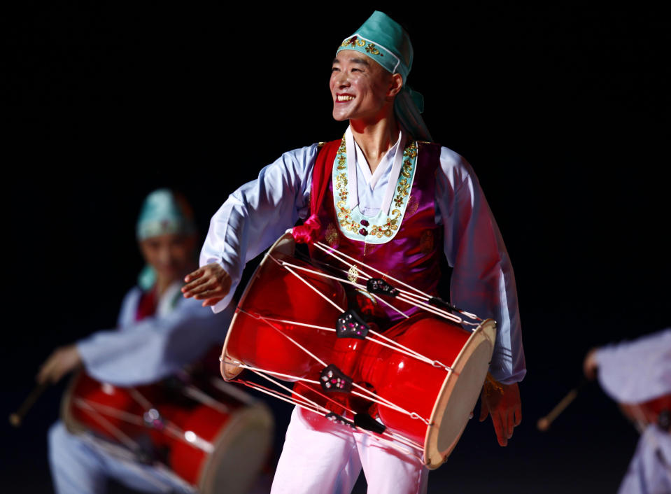 North Koreans perform during a mass game of "The Land of the People" at the May Day Stadium in Pyongyang, North Korea, Tuesday, June 25, 2019. (AP Photo/Jon Chol Jin)