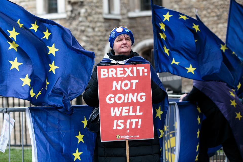 Anti-Brexit protesters demonstrate outside the Houses of Parliament on March 13, 2019 in London.