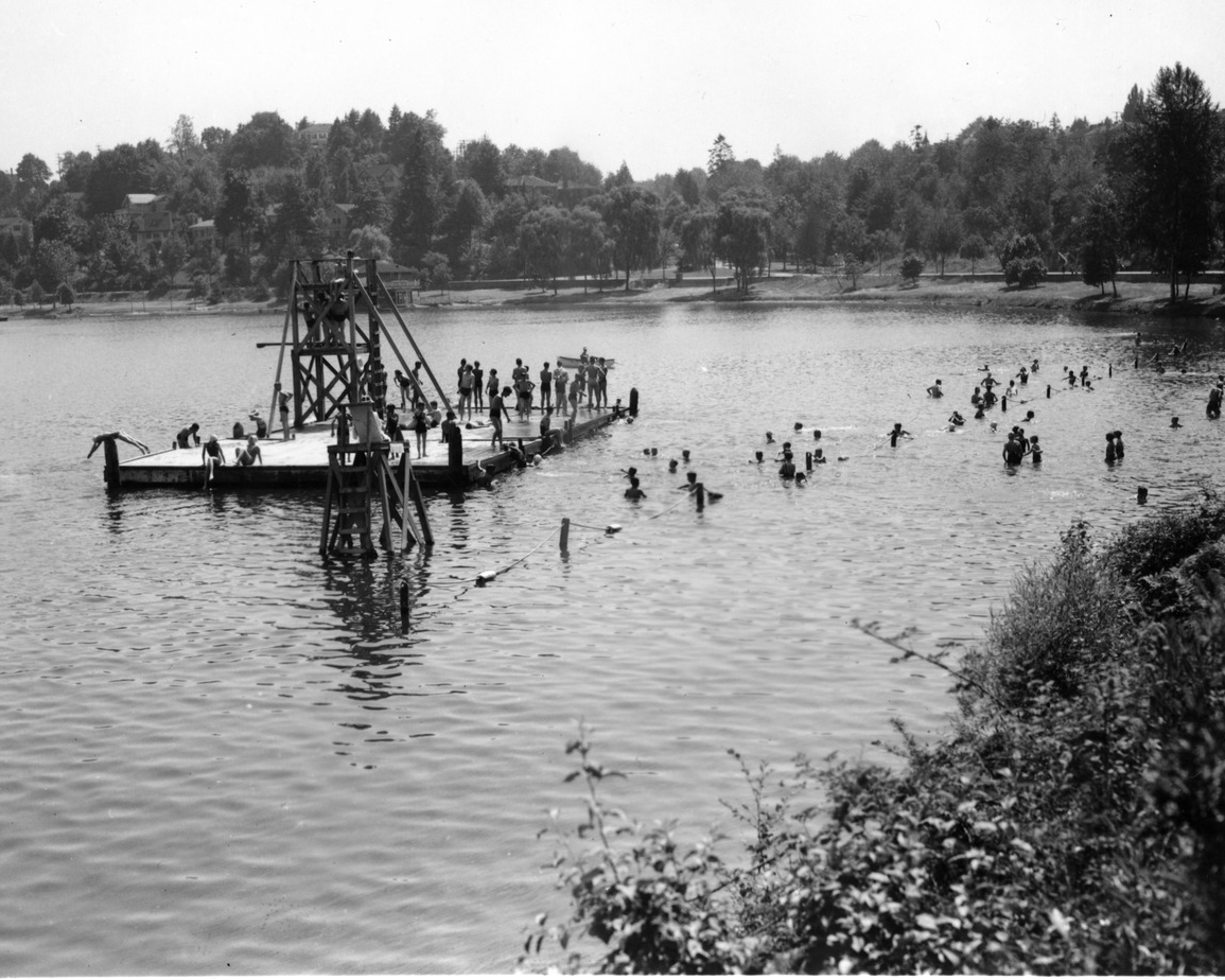 Swimming in Lake Washington at Colman Park, Seattle, Washington, U.S. in 1950.