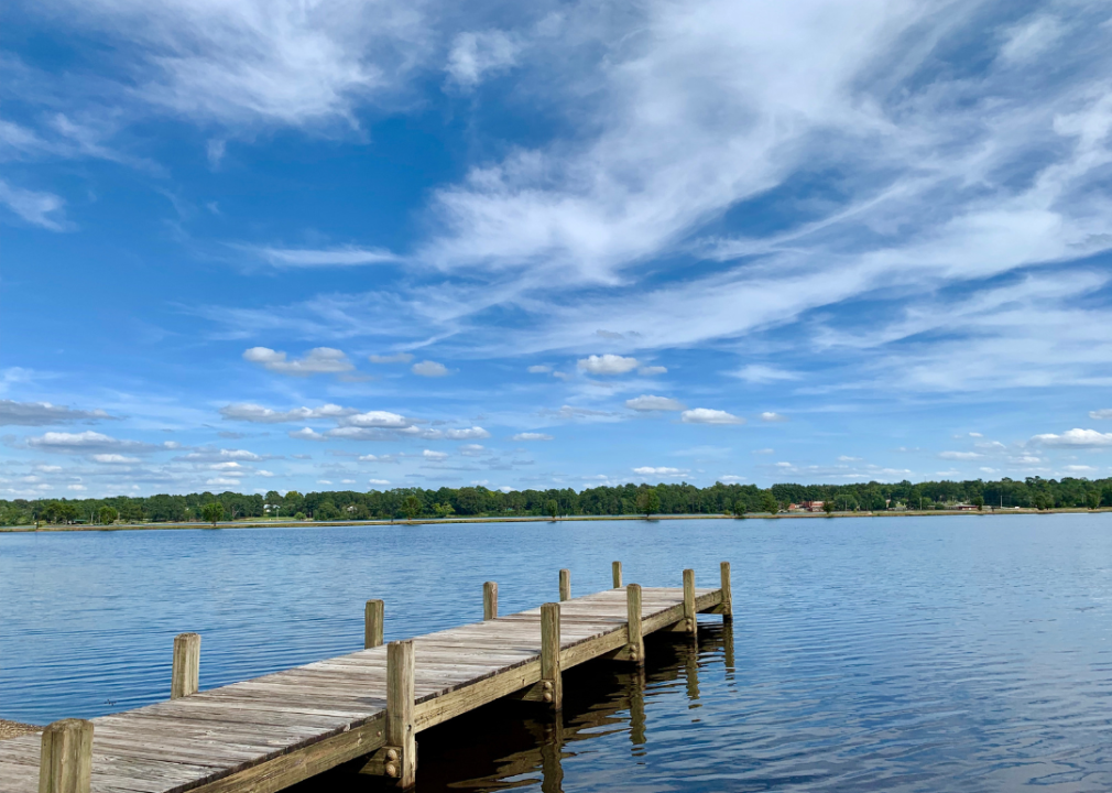 Dock sitting over lake on a sunny day.