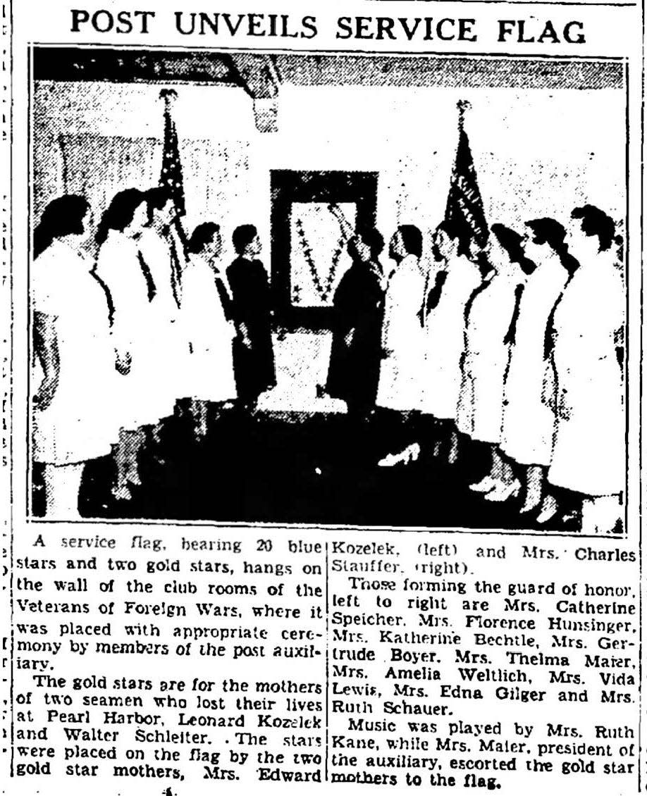 A newspaper clipping from the Evening Independent notes the Veterans of Foreign Wars unveiled a service flag to honor Walter F. Schleiter and Leonard Kozelck, who were killed in the attack on Pearl Harbor.