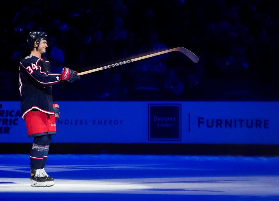 Sun., Mar. 13, 2022; Columbus, Ohio, USA; Columbus Blue Jackets center Cole Sillinger, who had a hat trick in the first period, is recognized following the Blue Jackets 6-4 victory against the Vegas Golden Knights during a NHL game at Nationwide Arena.  NHL game between the Columbus Blue Jackets and the Vegas Golden Knights at Nationwide Arena. 