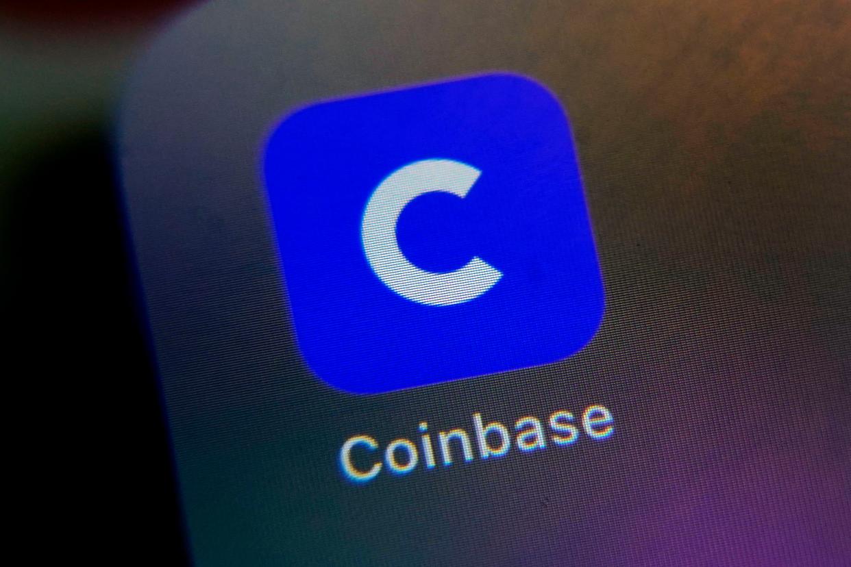 The mobile phone icon for the Coinbase app is shown in this photo, in New York, Tuesday, April 13, 2021. 