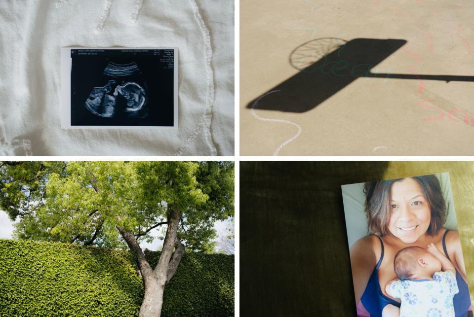 A grid of four photos shows an ultrasound, chalk on the ground, a tree and a printed photograph on a couch