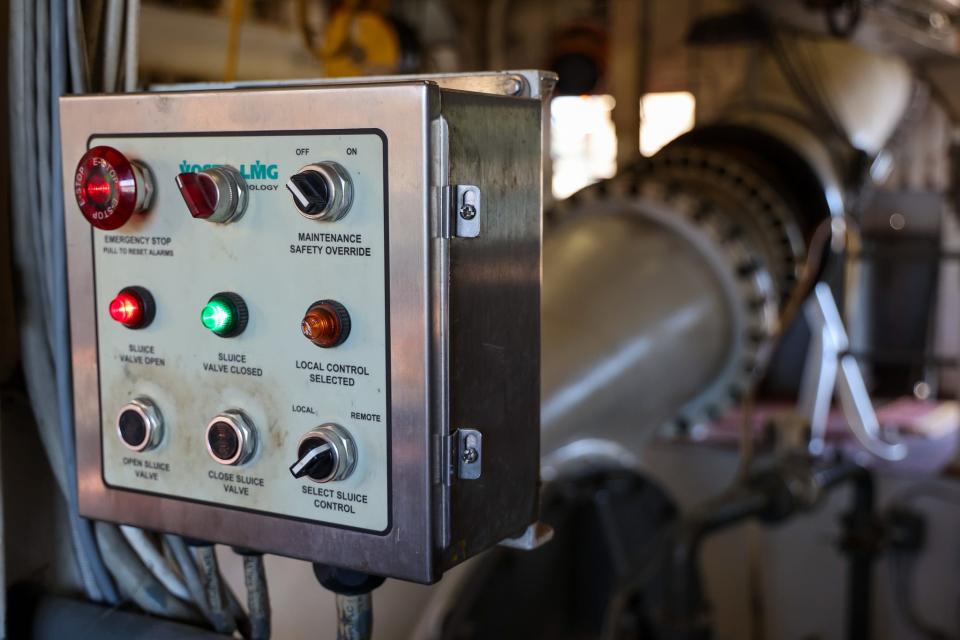 A control panel on the Dredge Potter, a U.S. Army Corps of Engineers vessel working to maintain a 9-foot-deep channel in the Mississippi River.