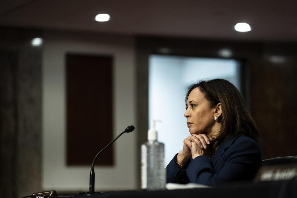 Sen. Kamala Harris, D-Calif., attends a Senate Judiciary Committee business meeting to consider authorization for subpoenas relating to the Crossfire Hurricane investigation, and other matters on Capitol Hill in Washington, Thursday, June 11, 2020. (Erin Schaff/The New York Times via AP, Pool)