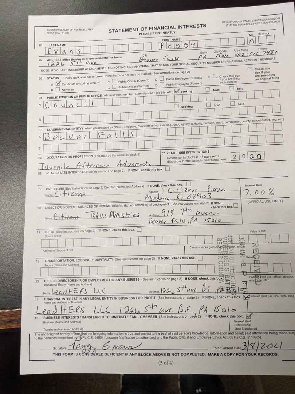 A copy of Peggy Evans' financial disclosure form