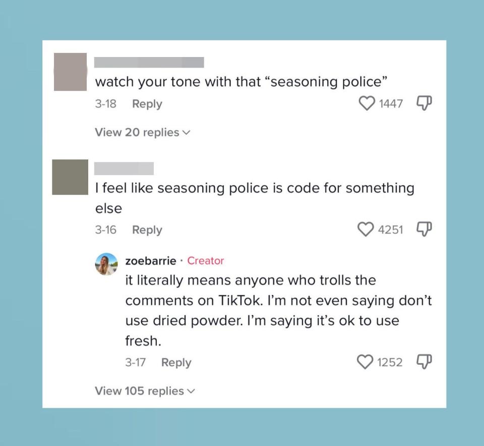 Negative comments, including "Watch your tone with that 'seasoning police'"