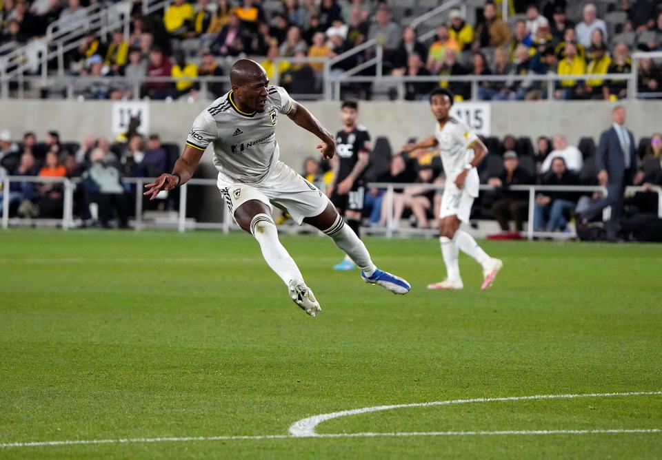 Columbus Crew midfielder Darlington Nagbe (6) watches his shot score against D.C. United during the 2nd half of their MLS game at Lower.com Field in Columbus, Ohio on April 30, 2022. 