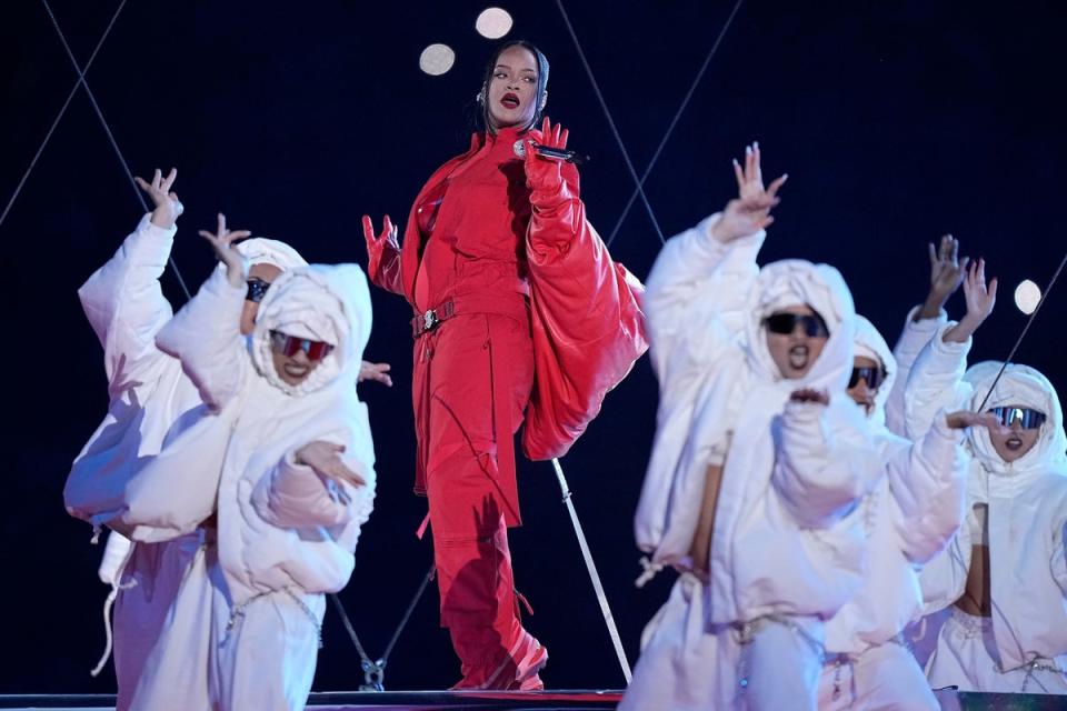 Rihanna performs during the halftime show at the NFL Super Bowl in February 2023 (Brynn Anderson / AP)