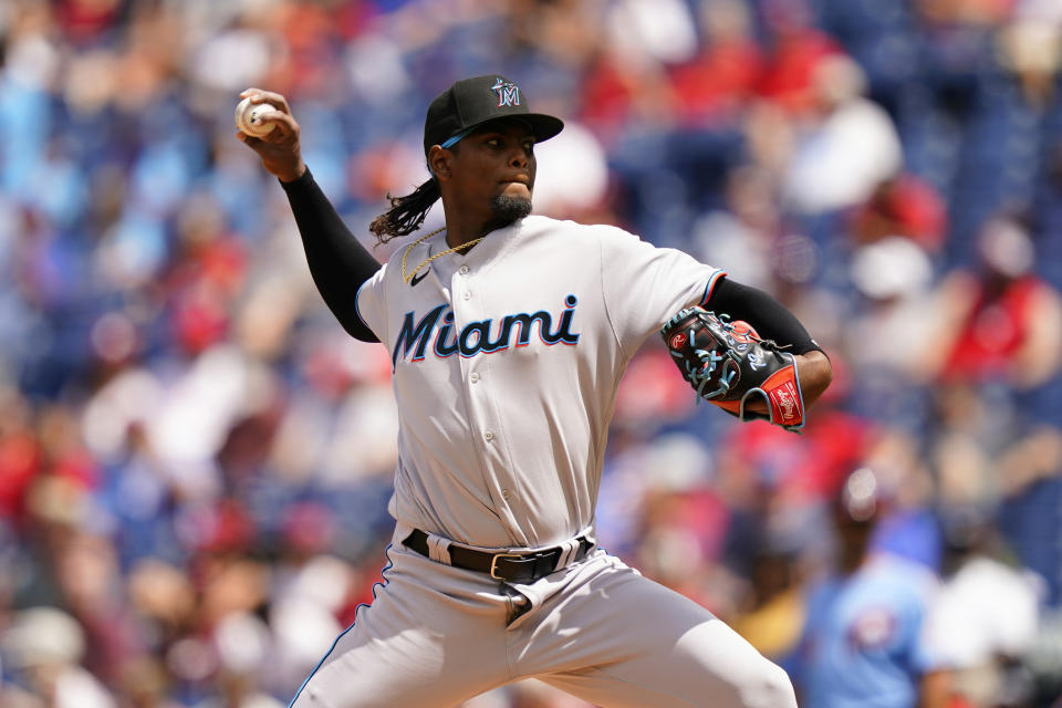 Miami Marlins' Edward Cabrera pitches during the second inning of a baseball game against the Philadelphia Phillies, Thursday, Aug. 11, 2022, in Philadelphia. (AP Photo/Matt Slocum)