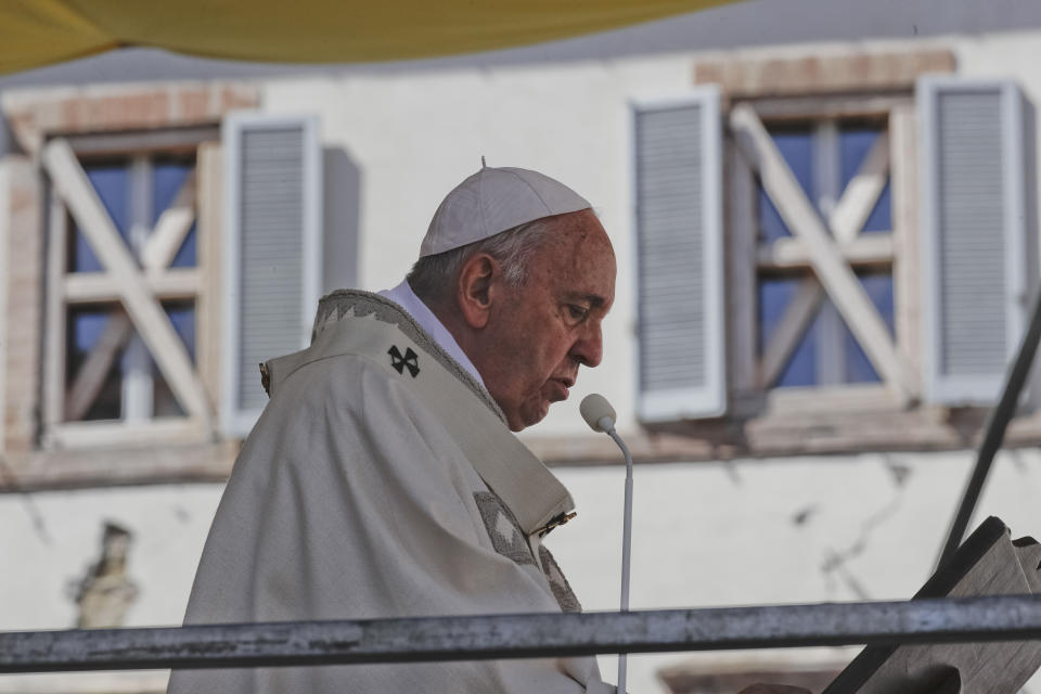 Pope Francis celebrates mass in Camerino, Italy, Sunday, June 16, 2019. The town of Camerino was heavily damaged by the 2016 earthquake that hit the central Italian Marche region. (AP Photo/Gregorio Borgia)