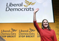 Jo Swinson speaks in London Monday July 22, 2019, after being elected leader of the Liberal Democrats. The centrist Liberal Democrats, who have seen a surge in support thanks to their strongly anti-Brexit stance, also chose a new leader on Monday. Jo Swinson, a 39-year-old lawmaker from Scotland, defeated former energy minister Ed Davey in a poll of party members. (Stefan Rousseau/PA via AP)