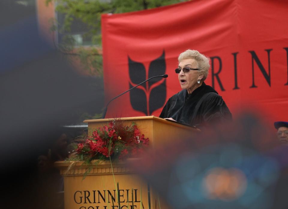 Celina Biniaz, rescued by factory owner Oskar Schindler during the Holocaust, speaks to the graduating class of Grinnell College during commencement in 2018. Biniaz and her family made their way to Des Moines after World War II, and Biniaz graduated from Grinnell College.