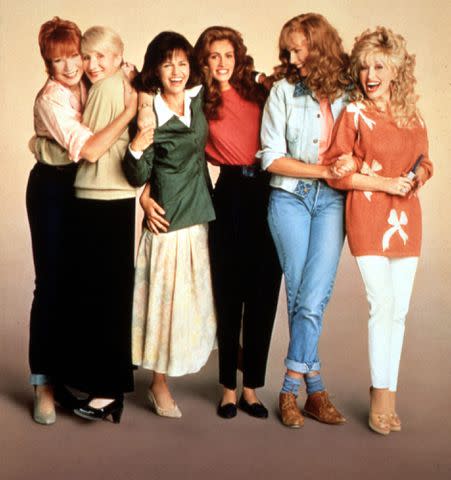 <p> Moviestore/Shutterstock </p> From L: Shirley MacLaine, Olympia Dukakis, Sally Field, Julia Roberts, Daryl Hannah and Dolly Parton in <em>Steel Magnolias</em> (1989)