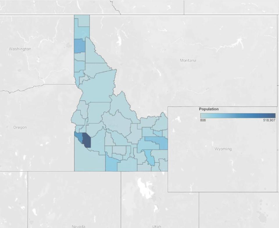 The higher a county’s population, the darker its shading on this map. Ada and Canyon counties, lower left, have the largest populations, followed by Kootenai County near the top and Bonneville County on the right.