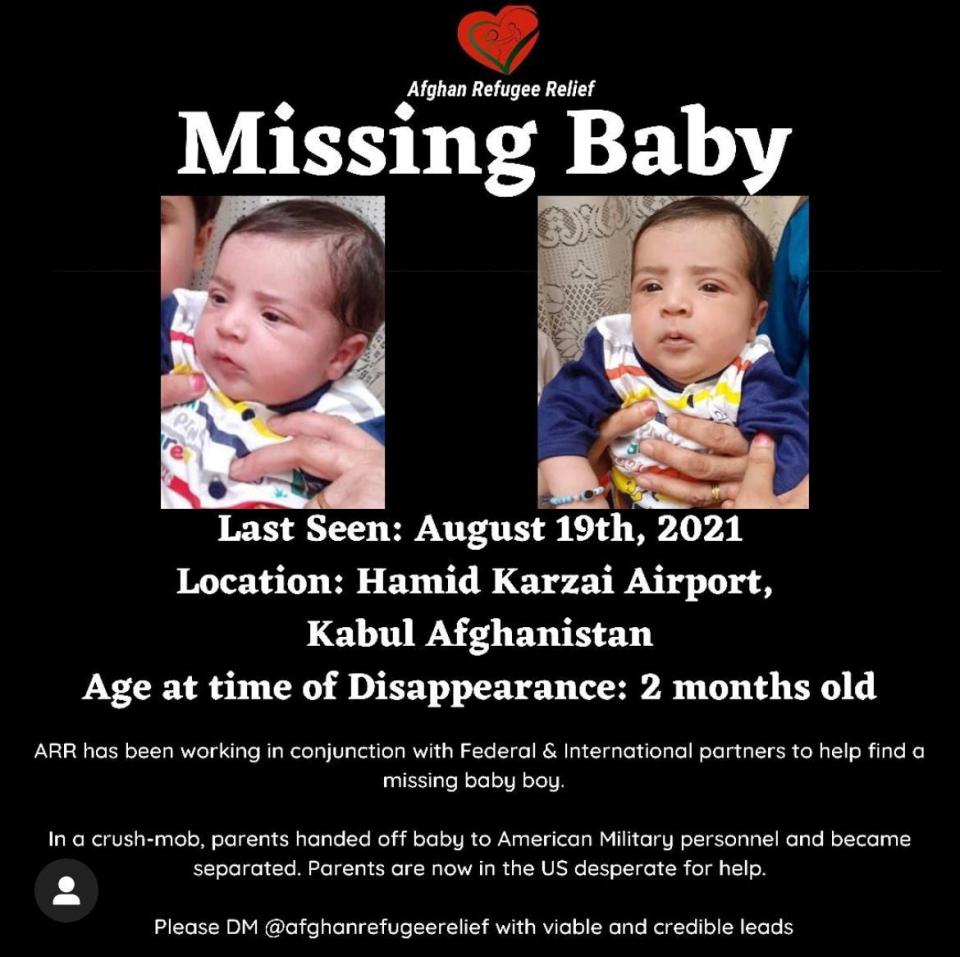 Sohail Ahmadi, around two-months-old, is seen in these handout pictures shown on a missing poster. Source: Courtesy of the Ahmadi family/Handout via REUTERS



