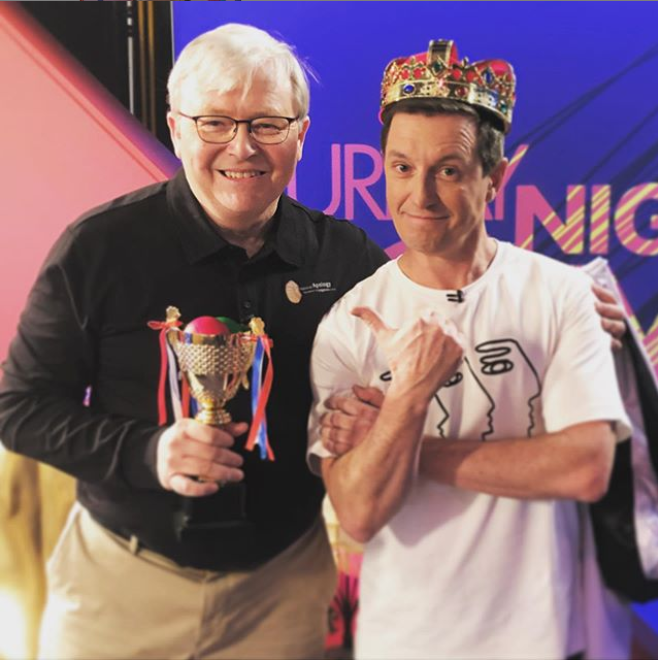 Rove McManus pictured with former Prime Minister Kevin Rudd on Saturday Night Rove