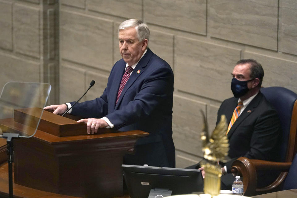 Missouri Gov. Mike Parson delivers the State of the State address in Jan. 2021, as Lt. Gov. Mike Kehoe, right, listens in Jefferson City, Mo. (Jeff Roberson/AP)